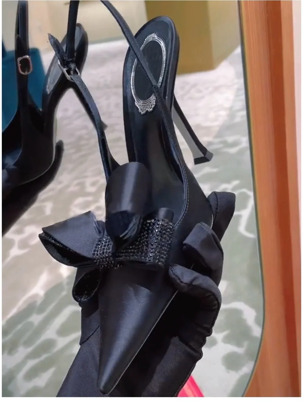 A Classy Chic Boutique Black Pointed Slingback Heels with Bow Accent